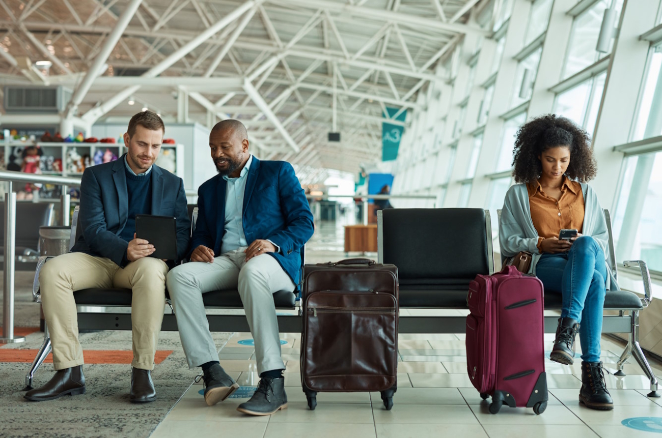 Airport travel, technology or relax people review investment, stock market database and black woman.