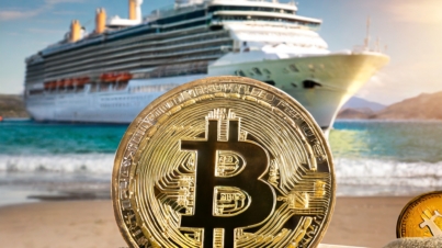 Firefly create a hyper realistic photo of a cruise ship in the background with a bitcoin on the beac