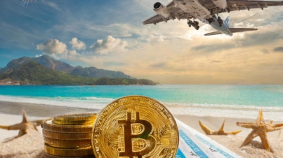 Firefly bitcoin on a tropical beach with a plane ticket and jet flying overhead 83252