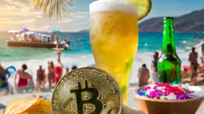 Firefly bitcoin partying on a beach celebrating spring break with a margarita and beers and a rave i