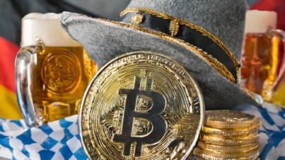 Firefly hyper realistic picture of a bitcoin at Oktoberfest wearing a grey bavarian hat with feather