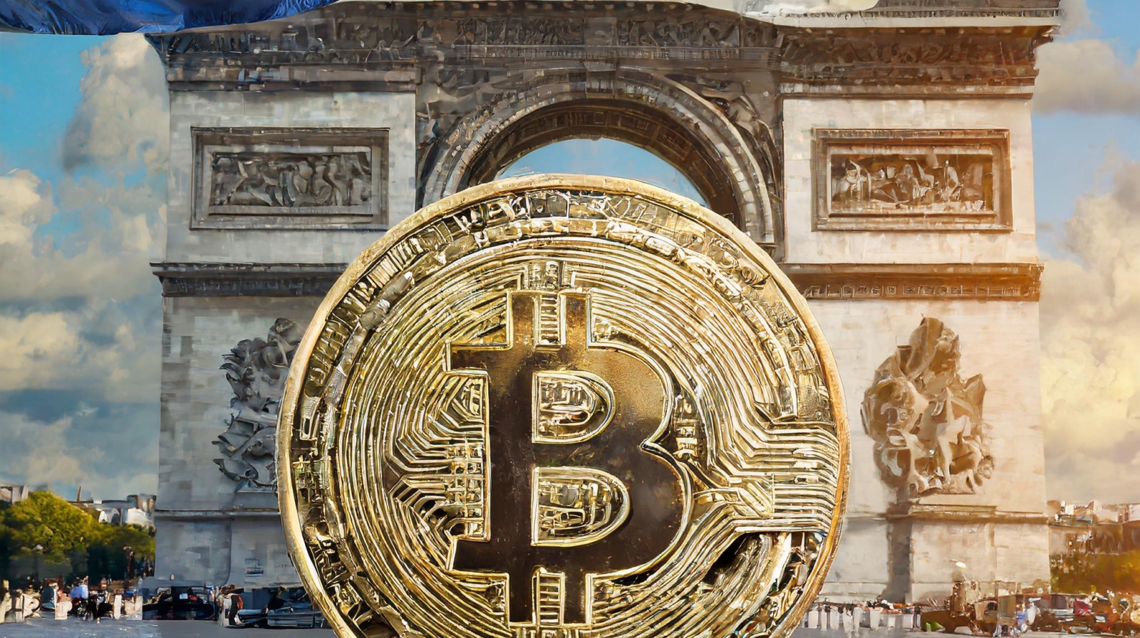Firefly hyper realistic picture of a bitcoin with the Eiffel tower and french flag and arc de triomp