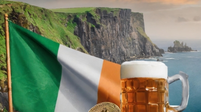 Firefly realistic picture of bitcoin in Ireland with the Irish flag and pint of Guinness and green c