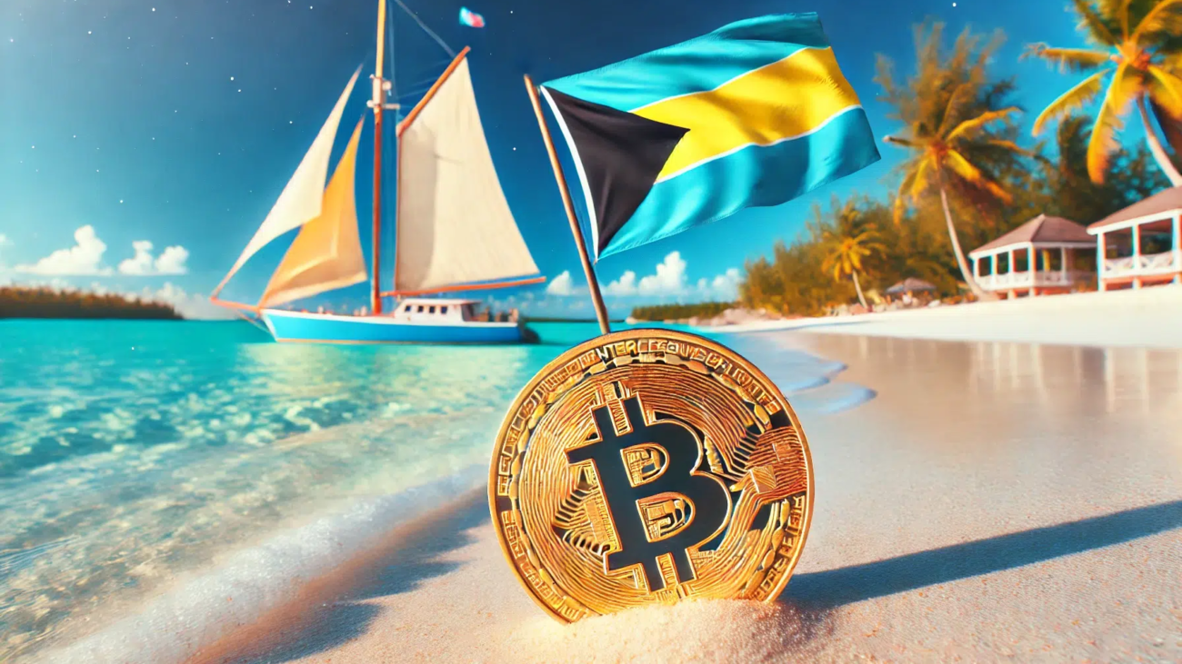 DALL·E 2024-07-02 09.50.54 - A bitcoin lying on the sandy beaches of the Bahamas, with a sailboat in the turquoise waters in the background. The sailboat is adorned with the Baham