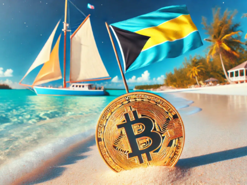 DALL·E 2024-07-02 09.50.54 - A bitcoin lying on the sandy beaches of the Bahamas, with a sailboat in the turquoise waters in the background. The sailboat is adorned with the Baham