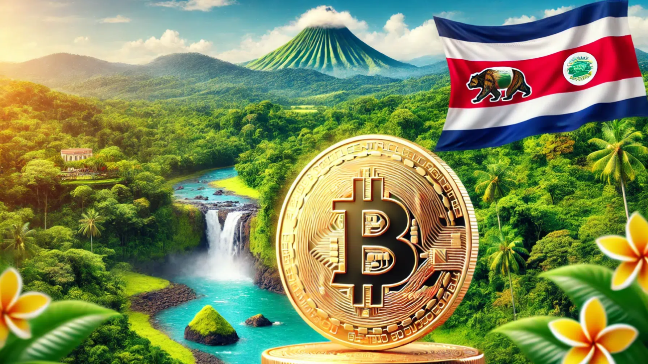 DALL·E 2024-07-10 09.29.48 - A hyper-realistic gold Bitcoin prominently displayed in the foreground, set against a lush Costa Rican landscape. The background features vibrant gree
