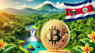 DALL·E 2024-07-10 09.29.48 - A hyper-realistic gold Bitcoin prominently displayed in the foreground, set against a lush Costa Rican landscape. The background features vibrant gree